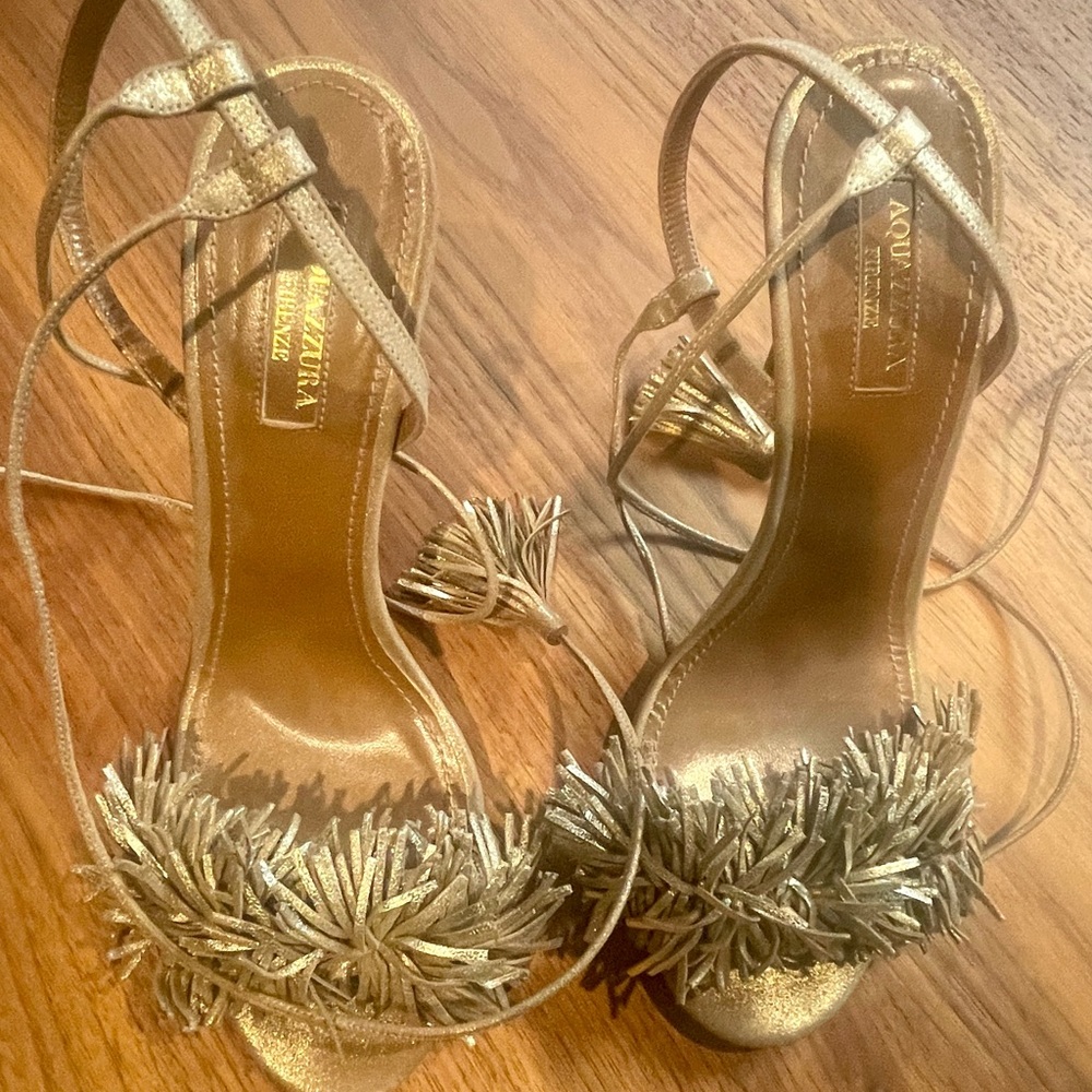 Elegant Aquazzura strappy gold heels